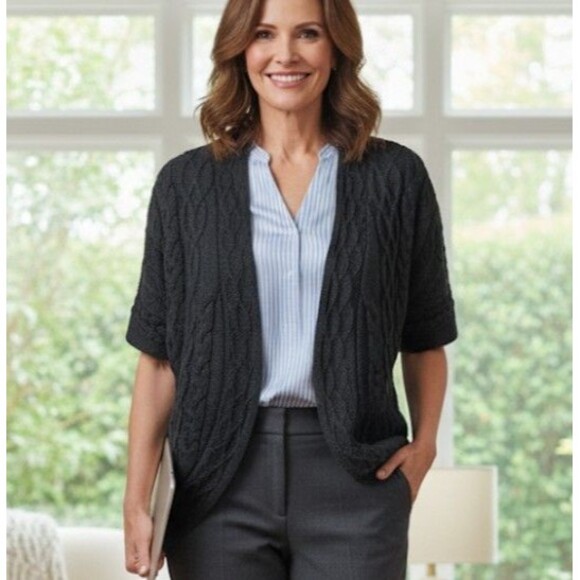NWT Coldwater Creek Size L (14) Open Drape Black Cardigan Cable Knit Sweater $90 - Picture 1 of 11